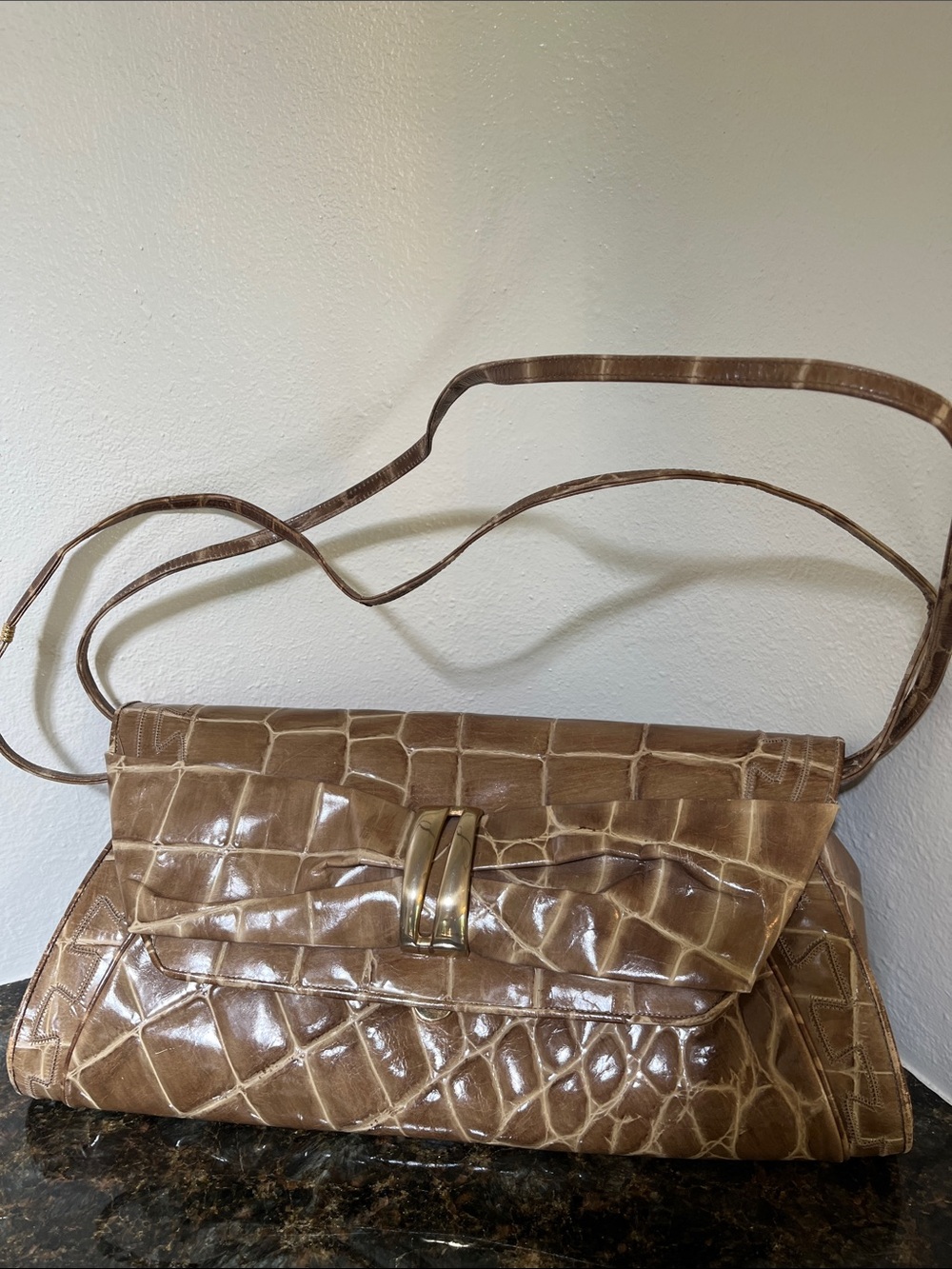 Sharif Croc-Embossed Tan Foldover shoulder bag clutch with Gold Accent